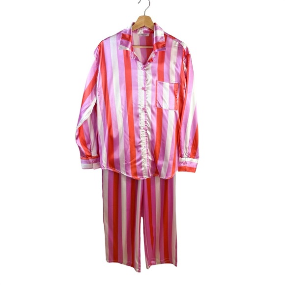 Ekouaer Other - Ekouaer Silky PJ Set Women's Button Down Long Sleeve Top & Pants Pink Stripe L